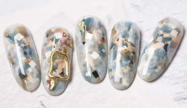 苔綠松藍小碎石紋 ｜專業美甲｜沙龍應用｜台灣老師｜石紋｜Kat｜金箔｜亮片｜教學